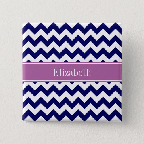 Navy Blue White Chevron Orchid Name Monogram Button