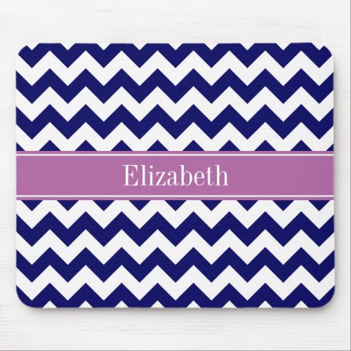 Navy Blue White Chevron Orchid Name Monogram Mouse Pad