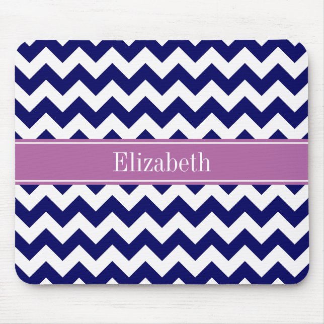 Navy Blue White Chevron Orchid Name Monogram Mouse Pad (Front)