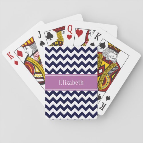 Navy Blue White Chevron Orchid Name Monogram Poker Cards
