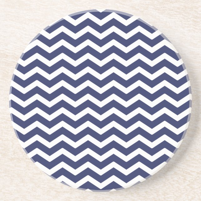 Navy Blue White Chevron Pattern Sandstone Coaster (Front)