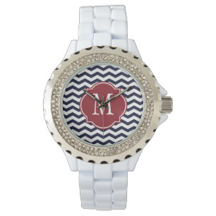Navy Blue & White Chevron Pattern Watch