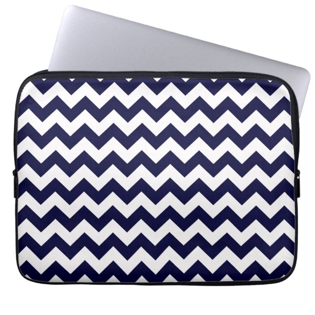 Navy Blue White Chevron Zig-Zag Pattern Laptop Sleeve (Front)