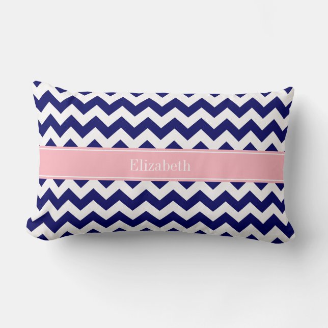 Navy Blue White Chevron Zig Zag Pink Name Monogram Lumbar Pillow (Front)