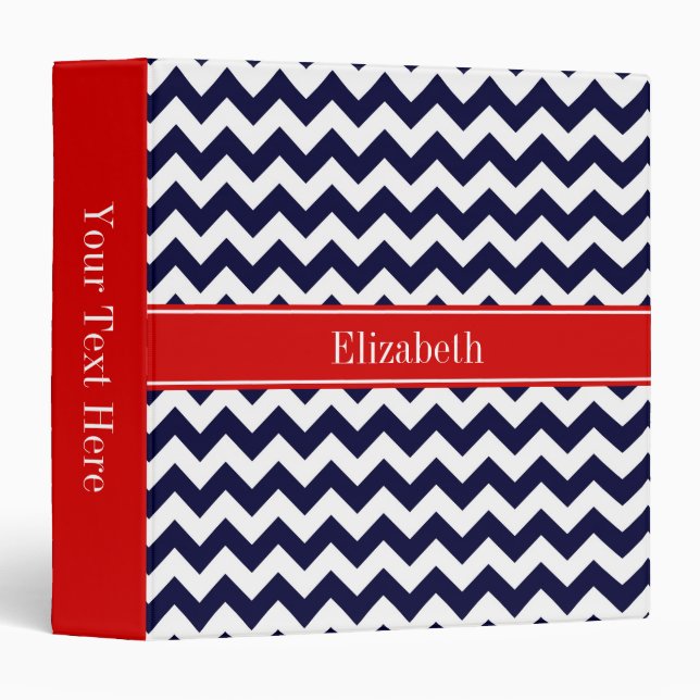 Navy Blue White Chevron Zig Zag Red Name Monogram Binder (Front/Spine)