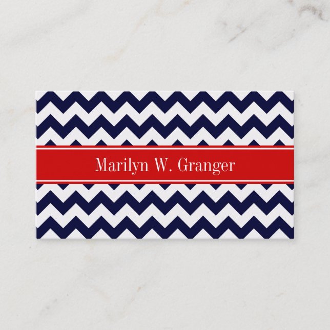 Navy Blue White Chevron Zig Zag Red Name Monogram Business Card (Front)