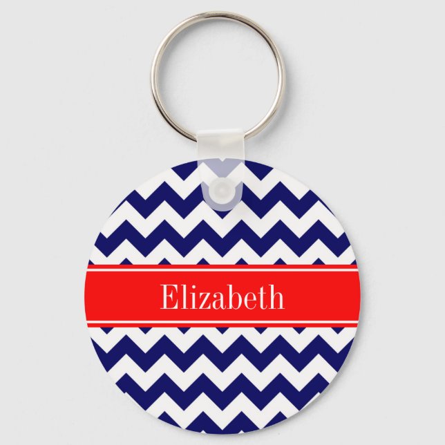 Navy Blue White Chevron Zig Zag Red Name Monogram Keychain (Front)