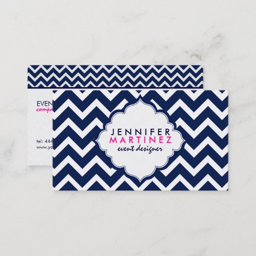 Navy Blue  White Chevron Zigzag Pattern Business Card