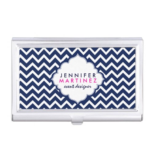 Navy Blue  White Chevron Zigzag Pattern Business Card Holder