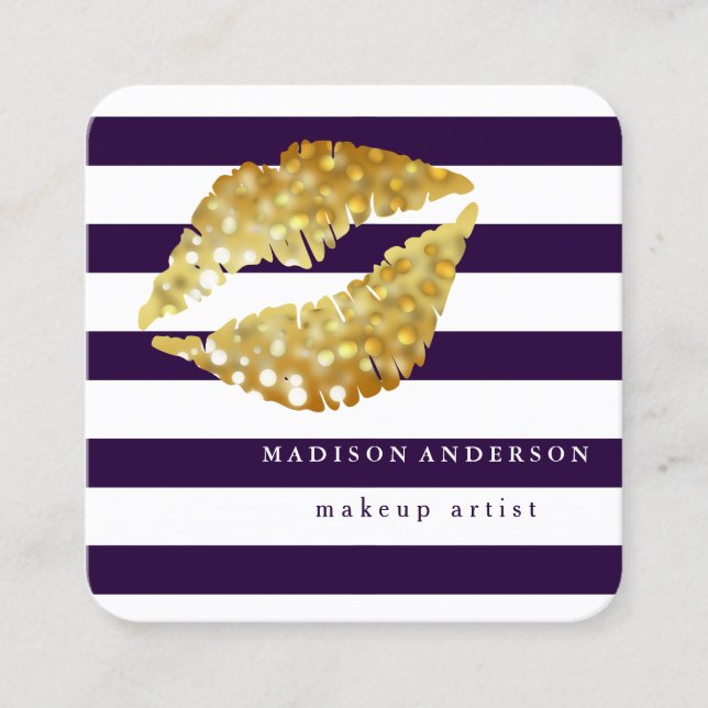 Navy Blue & White Chic Gold Lips - Makeup Artist Square Business Card (Front)