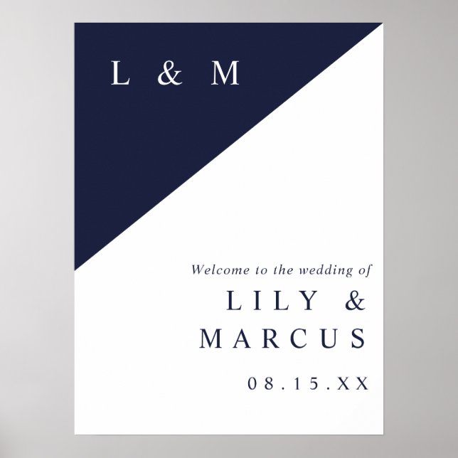 Navy Blue White Chic Monogram Wedding Welcome Sign (Front)
