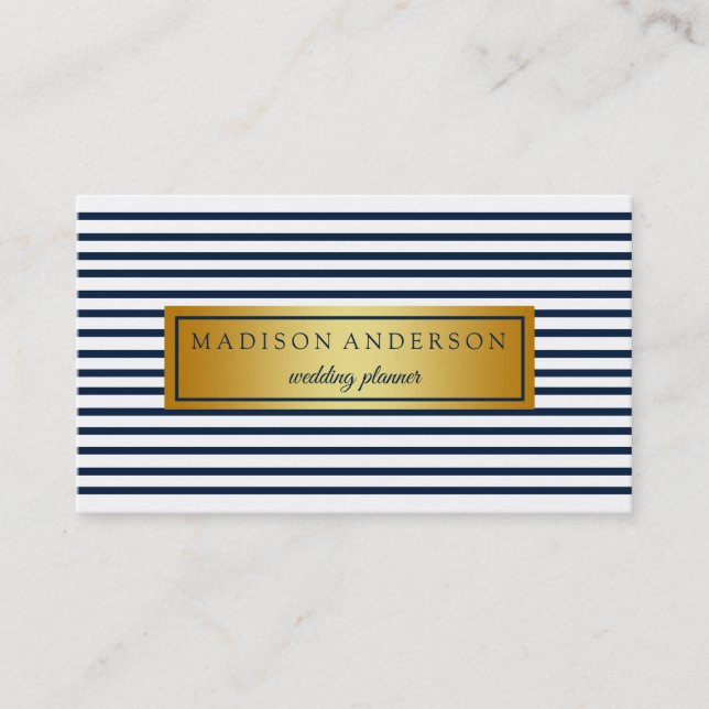 Navy Blue & White Chic Stripes in Gold Business Ca Card (Front)