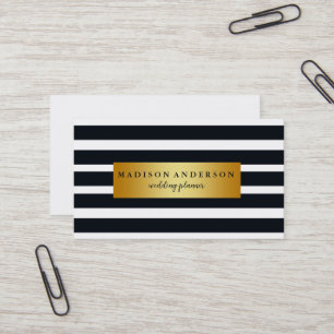 Navy Blue & White Chic Stripes in Gold Business Card