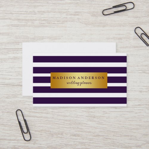 Navy Blue  White Chic Stripes in Gold Business Card