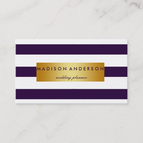 Navy Blue  White Chic Stripes in Gold Business Card