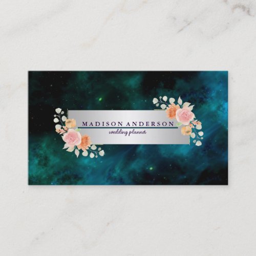 Navy Blue White Chic Stripes Silver Vintage Floral Business Card