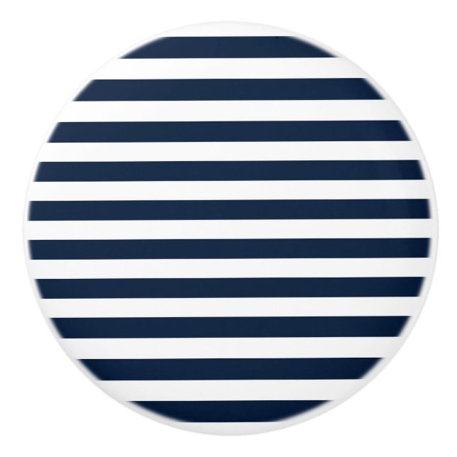 Navy Blue & White Chic Stripes Striped Dresser Ceramic Knob (Front)