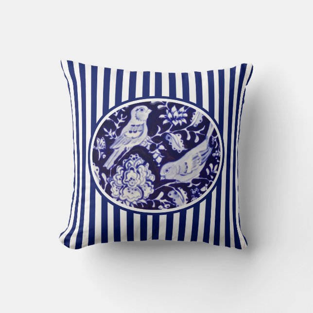 Navy Blue & White Chinoiserie Birds Floral Stripe Throw Pillow (Front)