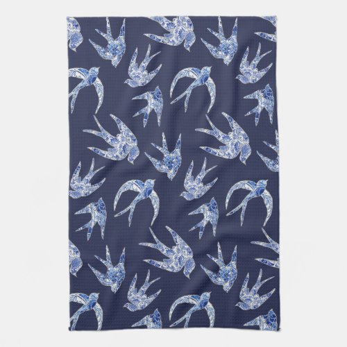 Navy Blue White Chinoiserie Chic Bird Mosaic Tile Kitchen Towel