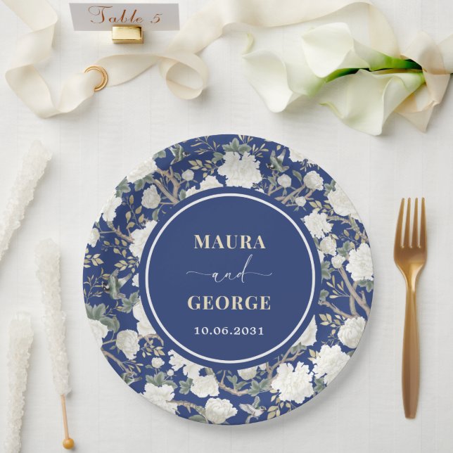 Navy Blue White Chinoiserie Floral Birds Wedding Paper Plates (Wedding)
