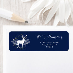 Navy Blue White Christmas Deer Evergreen Scandi Label