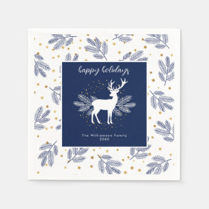 Navy Blue White Christmas Deer Evergreen Scandi Napkins