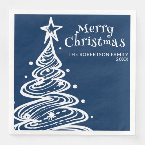 Navy Blue White Christmas Tree Christmas Party Paper Dinner Napkins
