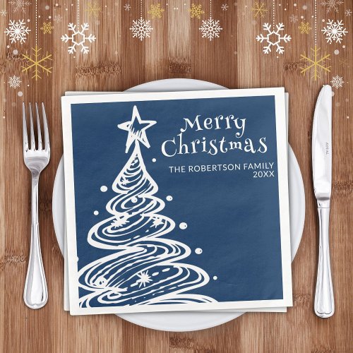 Navy Blue White Christmas Tree Christmas Party Paper Dinner Napkins