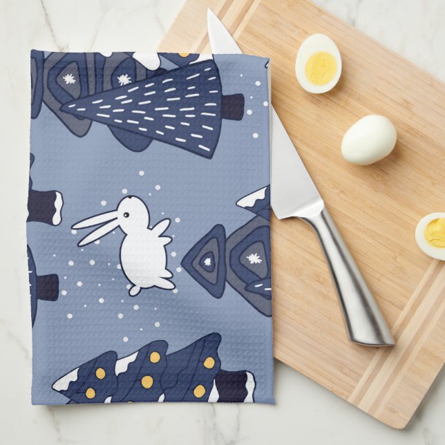 Navy Blue White Christmas Tree Holiday Pattern Kitchen Towel (Quarter Fold)