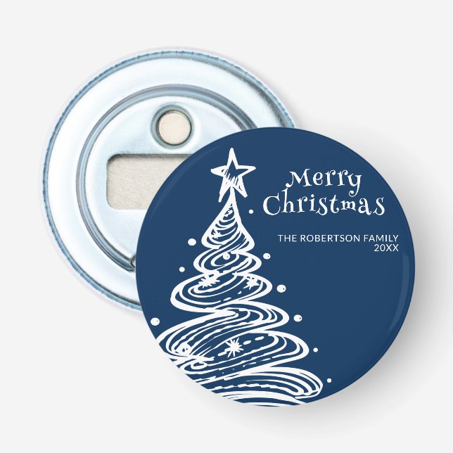 Navy Blue White Christmas Tree Party Bottle Opener (Front)