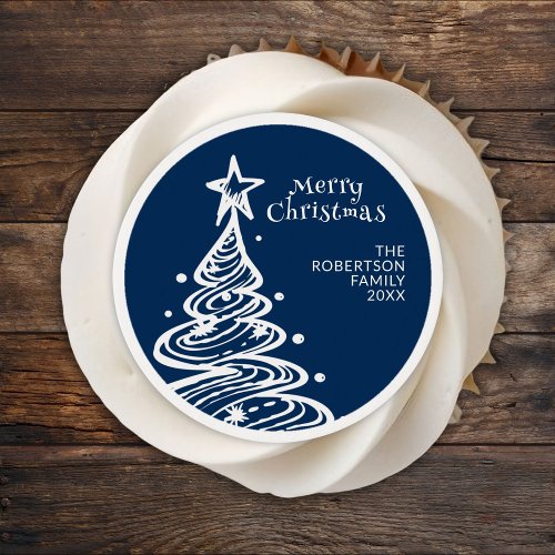 Navy Blue White Christmas Tree Party Edible Frosting Rounds