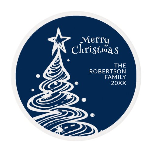 Navy Blue White Christmas Tree Party Edible Frosting Rounds