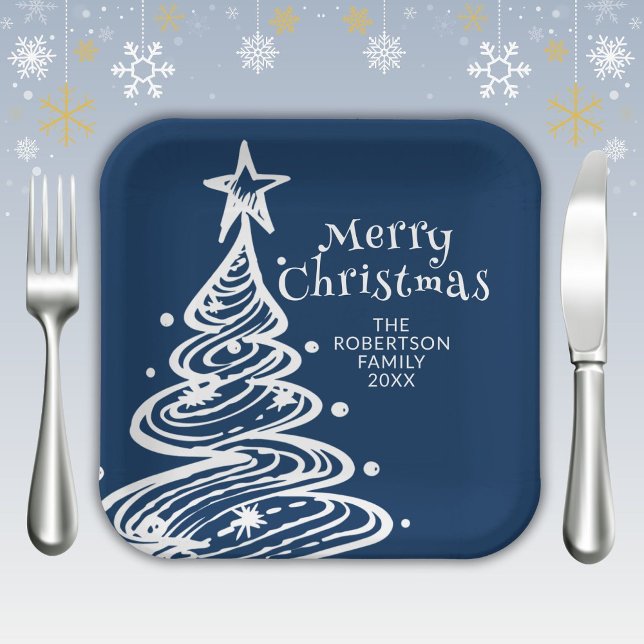 Navy Blue White Christmas Tree Party Paper Plates (Creator Uploaded)