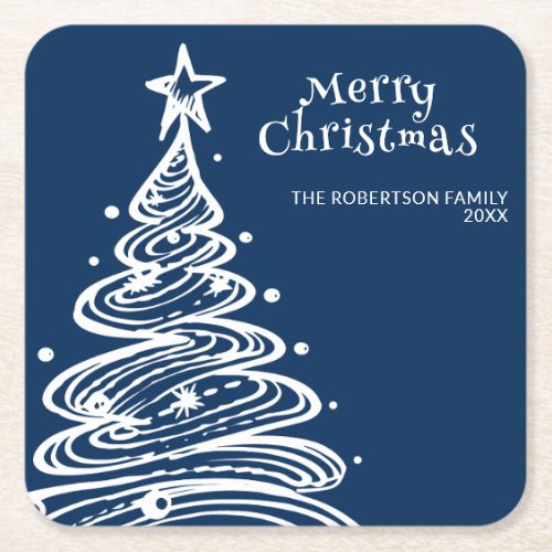 Navy Blue White Christmas Tree Party Square Paper Coaster