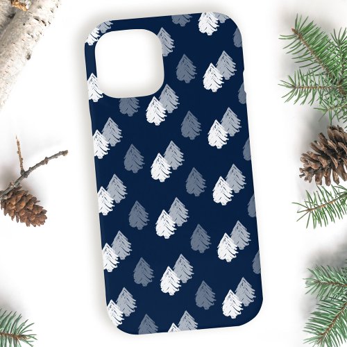 Navy Blue White Christmas Tree Pattern iPhone 15 Case