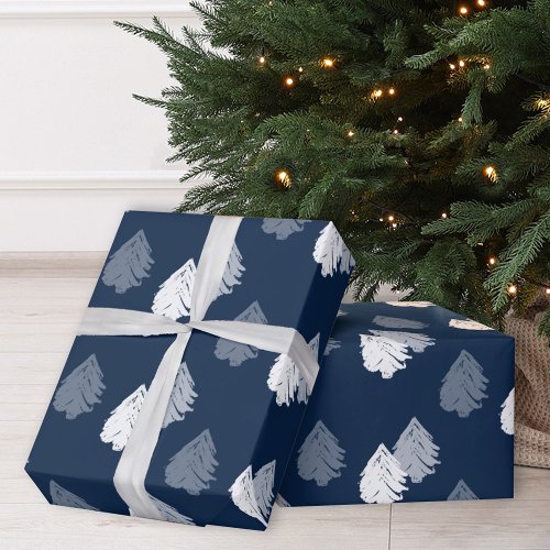 Navy Blue White Christmas Tree Pattern Wrapping Paper