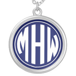 Navy Blue White Circle Monogram Font DIY BG Silver Plated Necklace