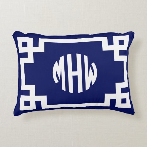 Navy Blue White Circle Monogram Greek Key DIY BG Accent Pillow