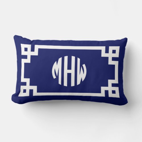 Navy Blue White Circle Monogram Greek Key DIY BG Lumbar Pillow