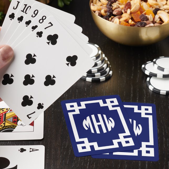 Navy Blue White Circle Monogram Greek Key DIY BG Poker Cards (Creator Uploaded)