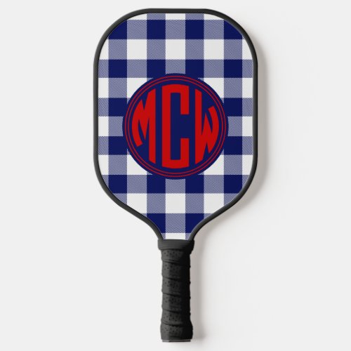 Navy Blue White Circle Monogram Wht Plaid DIY BG Pickleball Paddle