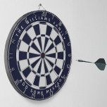 Navy Blue White Classic Custom Family Name Message Dart Board<br><div class="desc">A classic dartboard design with alternating navy blue and white triangles. 

Above and below there are the name and a message as arched text,  in caps.</div>