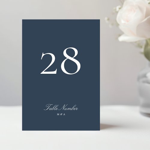 Navy Blue White Classic Formal Calligraphy Wedding Table Number