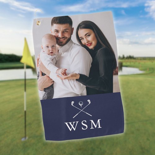 Navy Blue White Classic Monogram Photo Golf Clubs Golf Towel
