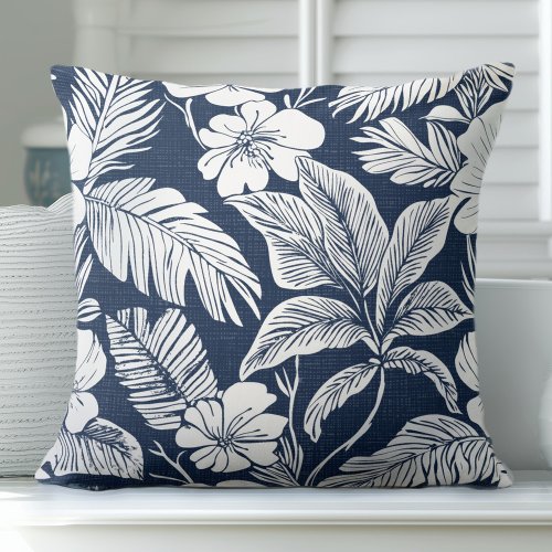 Navy Blue  White Coastal Floral Throw Pillow