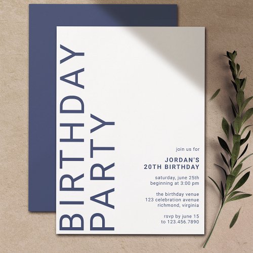 Navy Blue  White  Cool Modern Any Age Birthday Invitation