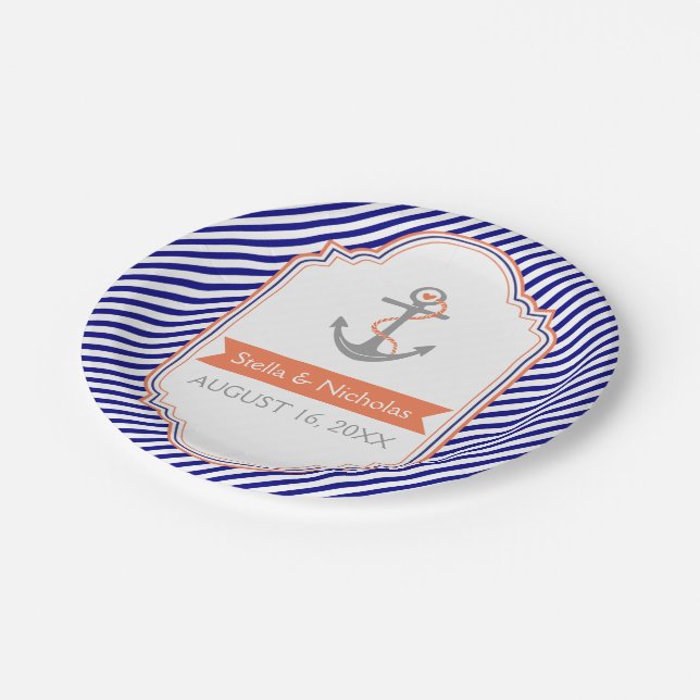Navy blue, white coral anchor nautical wedding paper plates (Angled)
