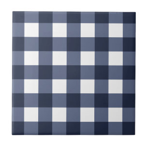 Navy Blue White Cottagecore Gingham Check Plaid Ceramic Tile