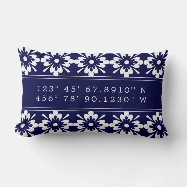 Navy Blue & White | Custom Map Coordinates Lumbar Pillow (Front)