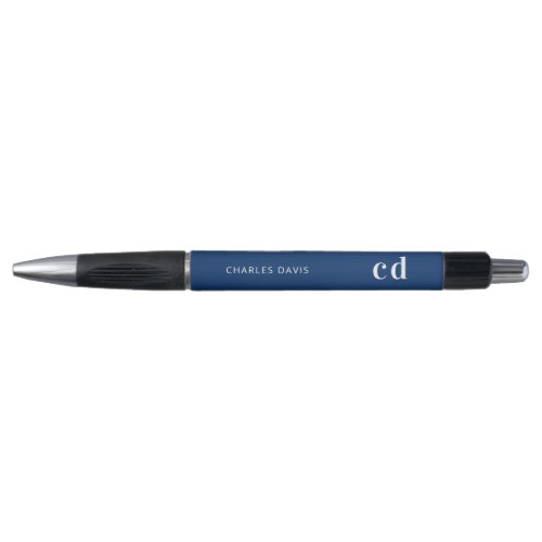 Navy blue white custom monogram name minimalist pen